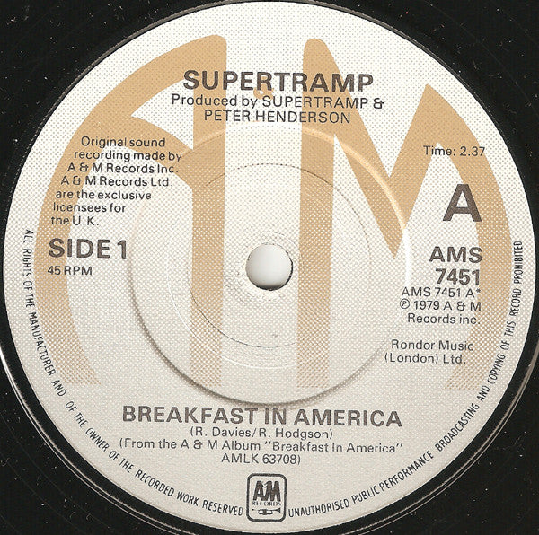 Supertramp : Breakfast In America (7", Single, Sol)