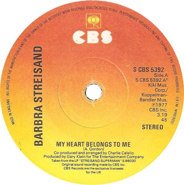 Barbra Streisand : My Heart Belongs To Me (7", Single)