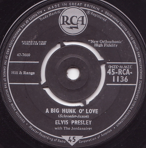 Elvis Presley With The Jordanaires : A Big Hunk O' Love (7", Single, 4-P)