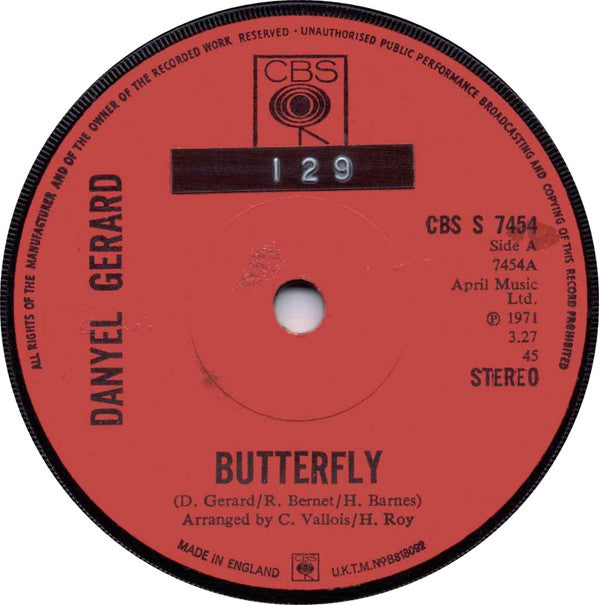 Danyel Gérard : Butterfly  (7", Single, Sol)