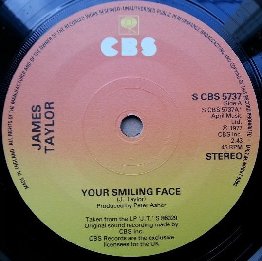 James Taylor (2) : Your Smiling Face (7", Single)