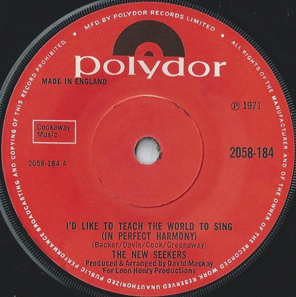 The New Seekers : I'd Like To Teach The World To Sing (In Perfect Harmony) (7", Single, Sol)