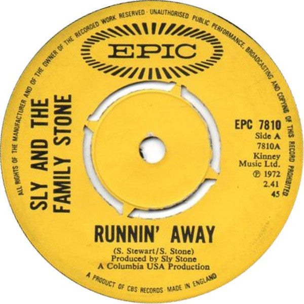 Sly & The Family Stone : Runnin' Away (7", Single, 4-P)