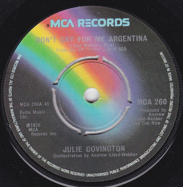 Julie Covington : Don't Cry For Me Argentina (7", Single, Pus)