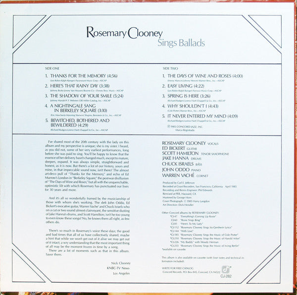 Rosemary Clooney : Rosemary Clooney Sings Ballads (LP, Album)