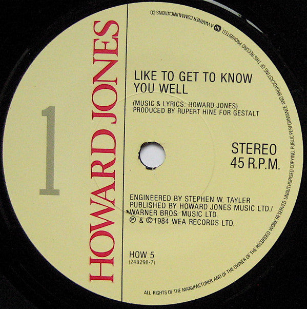 Howard Jones : Like To Get To Know You Well (7", Single, Pap)