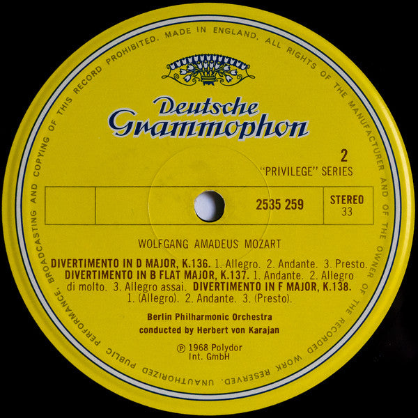 Wolfgang Amadeus Mozart - Berliner Philharmoniker, Herbert von Karajan : Eine Kleine Nachtmusik, Serenata Notturna, Divertimenti  K.136∙135∙138 (LP, Comp, RE)