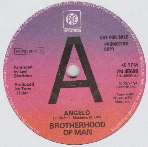 Brotherhood Of Man : Angelo (7", Single, Promo, Sol)