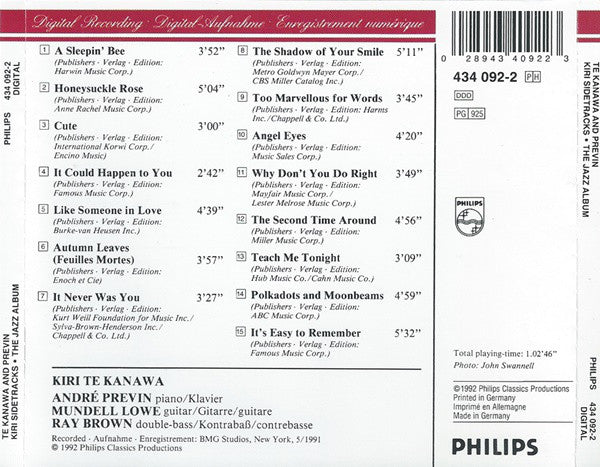 Kiri Te Kanawa, André Previn, Ray Brown, Mundell Lowe : Kiri Sidetracks (The Jazz Album) (CD, Album)