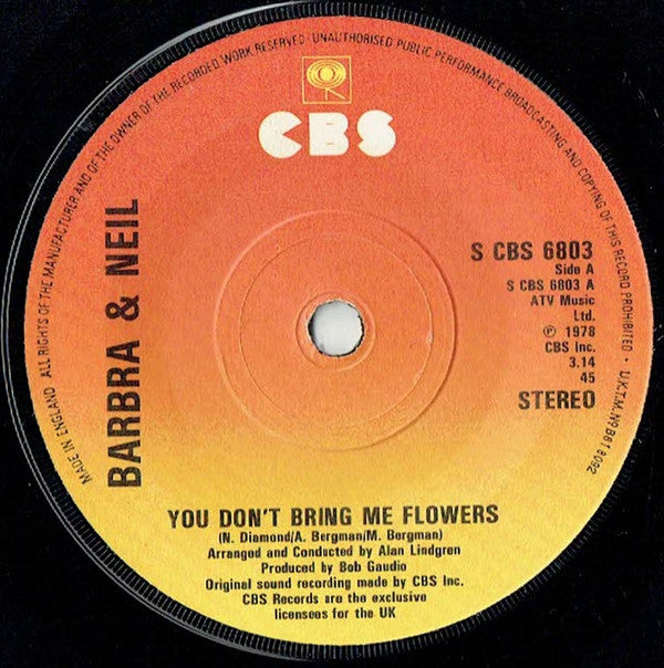Barbra Streisand & Neil Diamond : You Don't Bring Me Flowers (7", Single, Sol)
