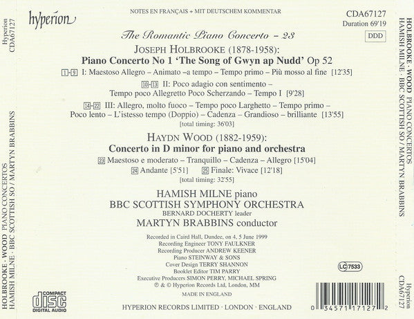 Joseph Holbrooke, Haydn Wood, Hamish Milne, BBC Scottish Symphony Orchestra, Martyn Brabbins : Piano Concerto No 1 'The Song Of Gwyn Ap Nudd' / Piano Concerto In D Minor (First Recording) (CD, Album)