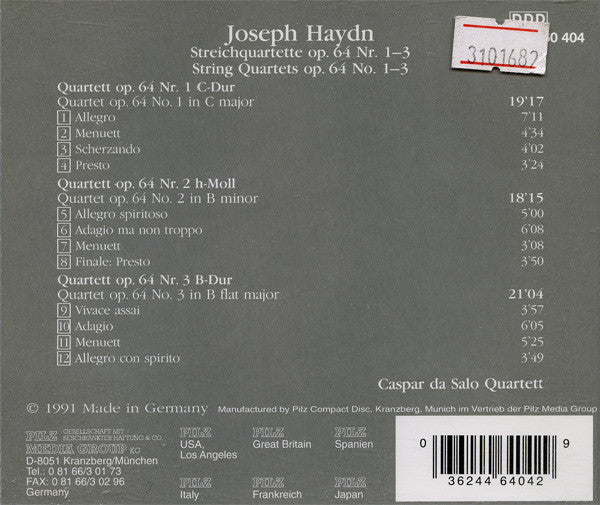 Joseph Haydn, Caspar da Salo Quartet : Streichquartette Op. 64 Nr. 1–3 = String Quartets Op. 64 No. 1–3) (CD, Album)