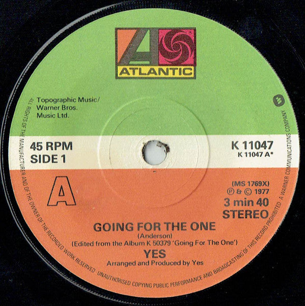 Yes : Going For The One (7", Single)