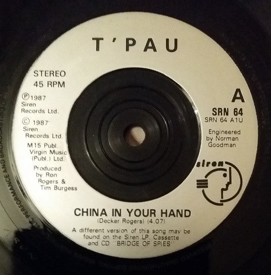 T'Pau : China In Your Hand (7", Single, Sil)