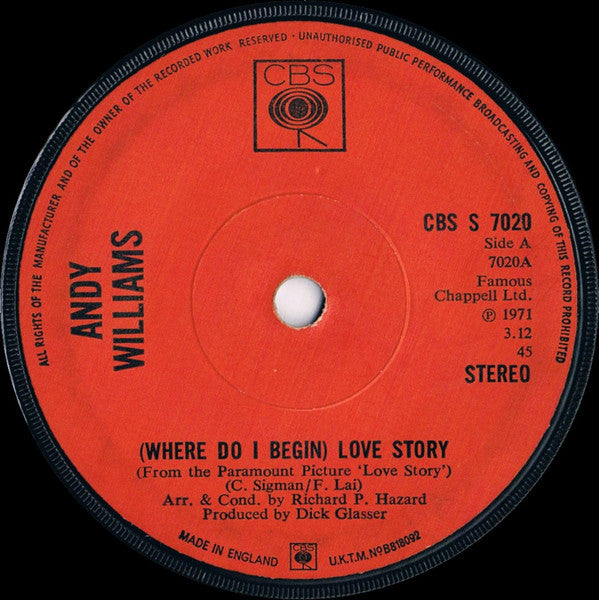 Andy Williams : (Where Do I Begin) Love Story (7", Single, Sol)