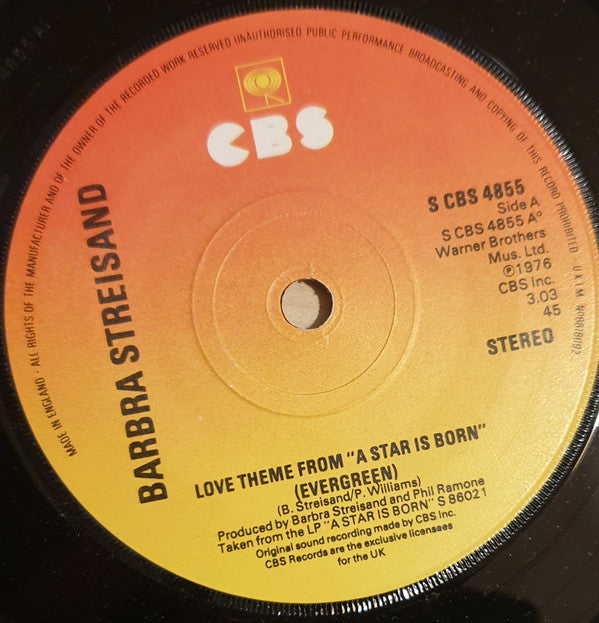 Barbra Streisand : Love Theme From "A Star Is Born" (Evergreen) (7", Single, Sol)