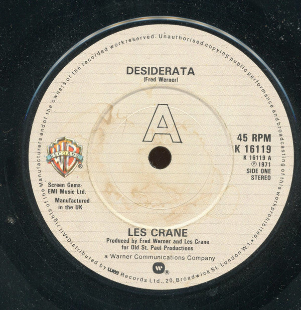 Les Crane : Desiderata (7", Single, RP, Cre)