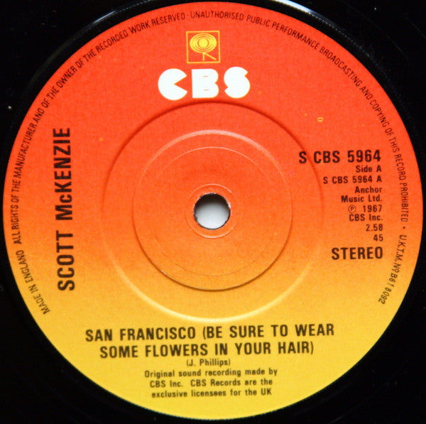 Scott McKenzie : San Francisco (Be Sure To Wear Some Flowers In Your Hair) (7", Single, RE, Sun)