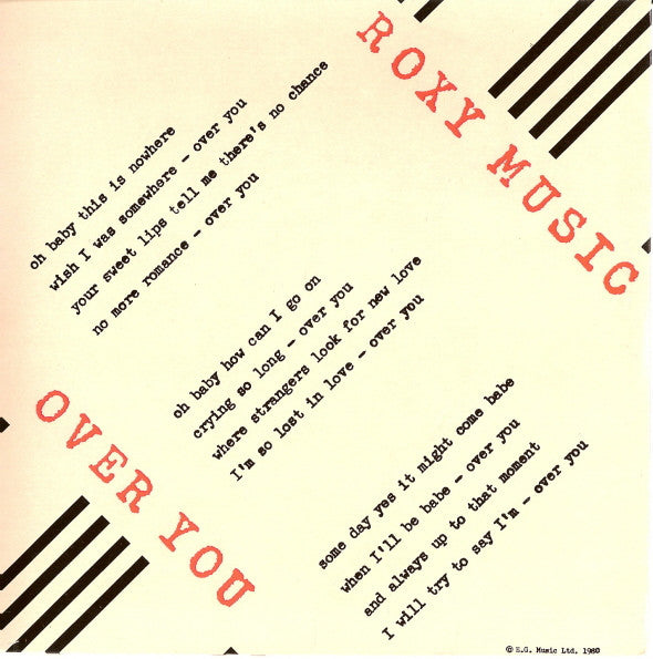Roxy Music : Over You (7", Single, Bla)