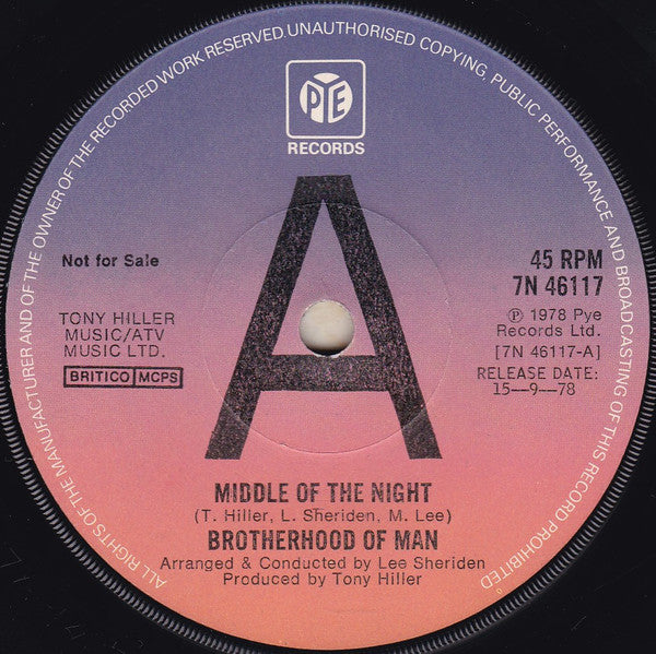 Brotherhood Of Man : Middle Of The Night (7", Single, Promo)