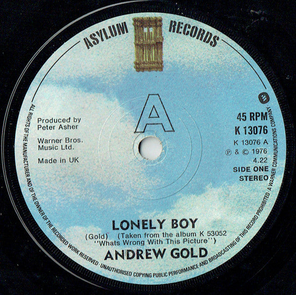 Andrew Gold : Lonely Boy (7", Single, Sol)