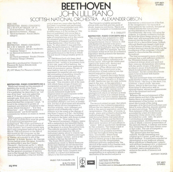 Ludwig van Beethoven, John Lill, Royal Scottish National Orchestra , conducted by Alexander Gibson : Piano Concertos No. 2 & No. 4 (LP, Album)
