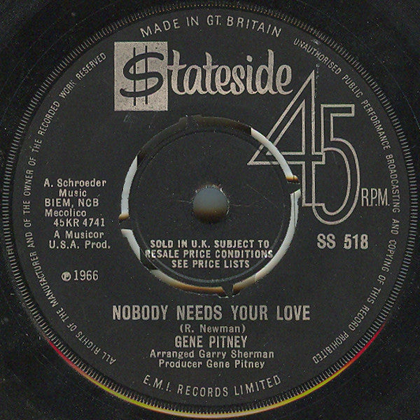 Gene Pitney : Nobody Needs Your Love (7", Single)