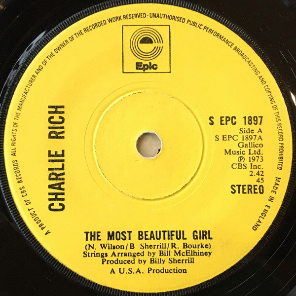 Charlie Rich : The Most Beautiful Girl (7", Single, Sol)