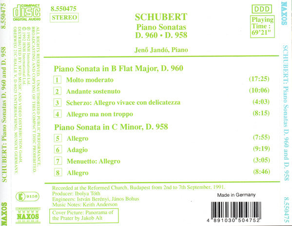 Franz Schubert, Jenö Jandó : Piano Sonatas D. 960 ▪ D. 958 (CD, RE)