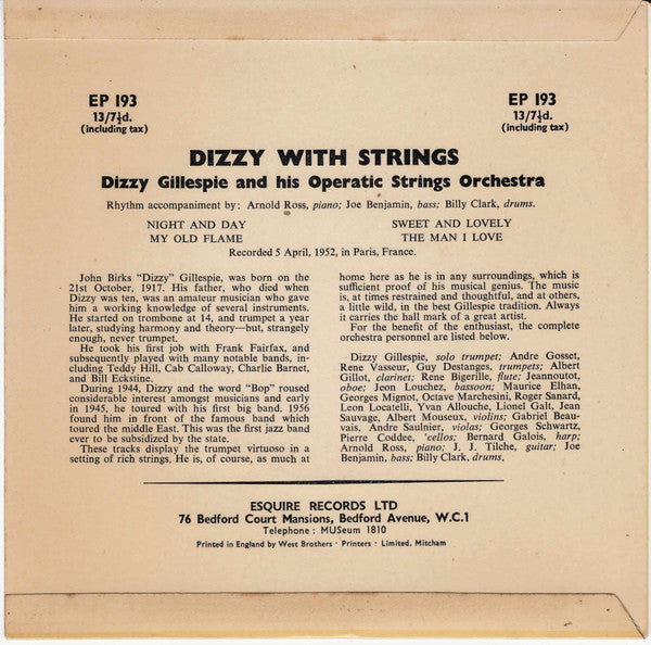 Dizzy Gillespie : Dizzy With Strings (7", EP, Mono)