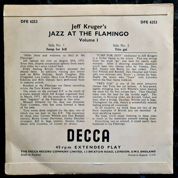 Jeff Kruger : Jazz At The Flamingo Vol 1 (7", EP, Mono)