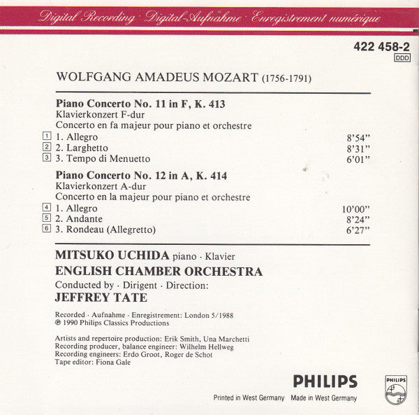 Wolfgang Amadeus Mozart, Mitsuko Uchida, English Chamber Orchestra, Jeffrey Tate : Piano Concertos No.11 KV413 / No.12 KV414 (CD)