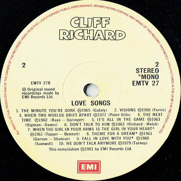 Cliff Richard : Love Songs (LP, Comp, Mono, RM)