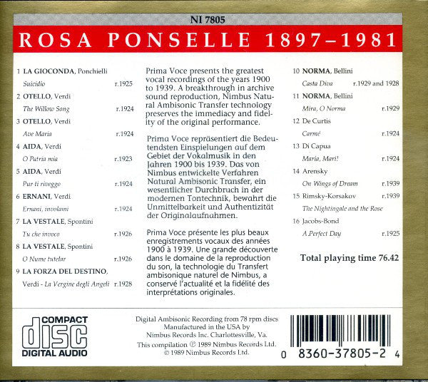 Rosa Ponselle : Ponselle (CD, Comp, Amb)