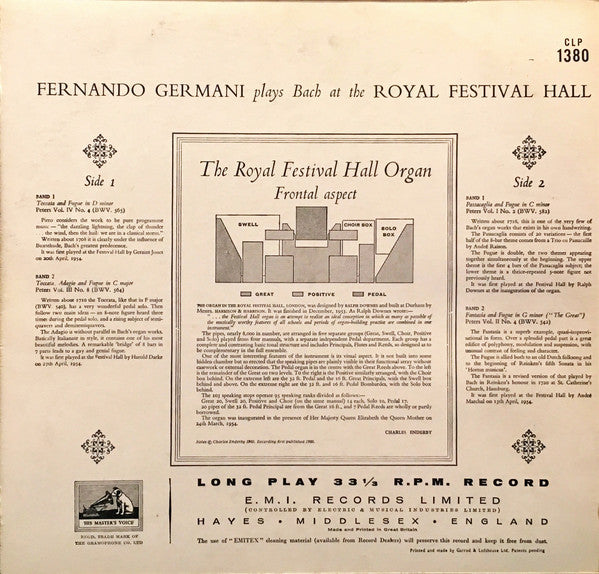Fernando Germani Plays Johann Sebastian Bach : At The Royal Festival Hall Including Toccata And Fugue In D Minor (LP, Mono, RP)