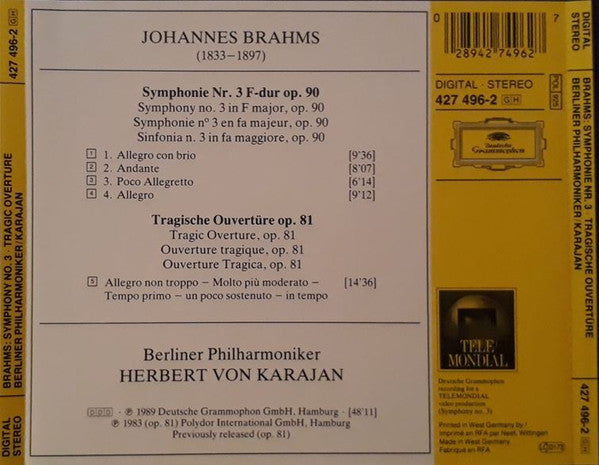 Johannes Brahms, Berliner Philharmoniker, Herbert von Karajan : Symphonie No. 3 • Tragische Ouvertüre = Tragic Overture (CD, Comp)