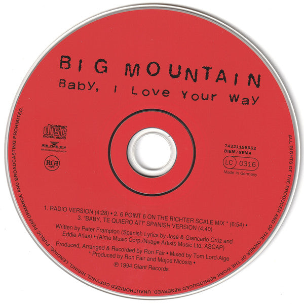 Big Mountain : Baby, I Love Your Way (CD, Single, RP)