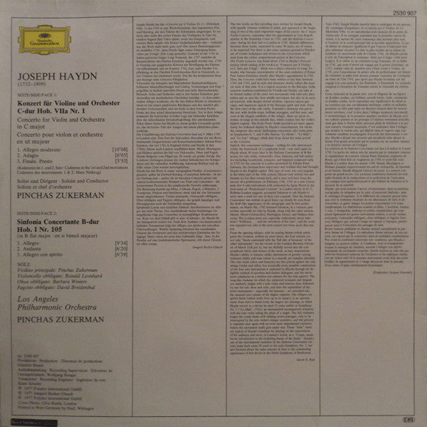 Joseph Haydn, Pinchas Zukerman, Los Angeles Philharmonic Orchestra : Violinkonzert Nr. 1 • Violin Concerto No. 1 • Sinfonia Concertante (LP)