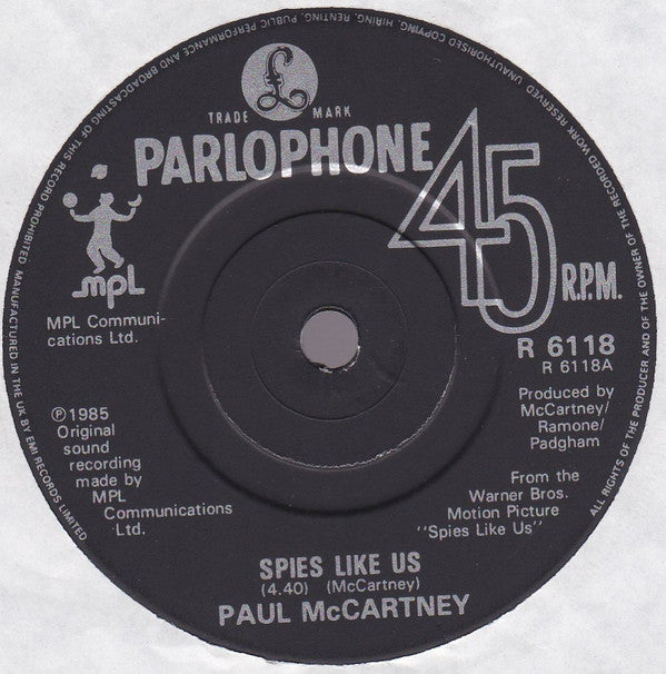 Paul McCartney : Spies Like Us (7", Single, Pap)